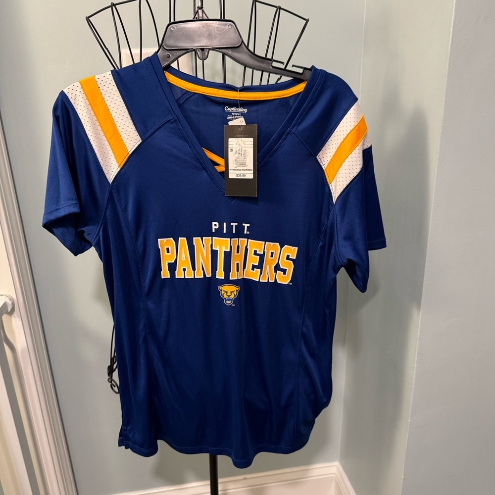 New Pitt Panthers Pittsburgh Royal Blue Gold Jersey style shirt Women Medium M
